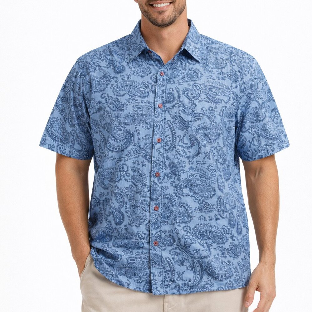 Solitude Men’s XL Blue Paisley Print Short Sleeve 100% Cotton Button Down Shirt